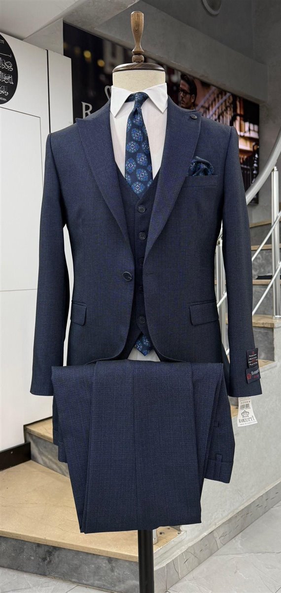 Royal navy textured three-piece suit for business