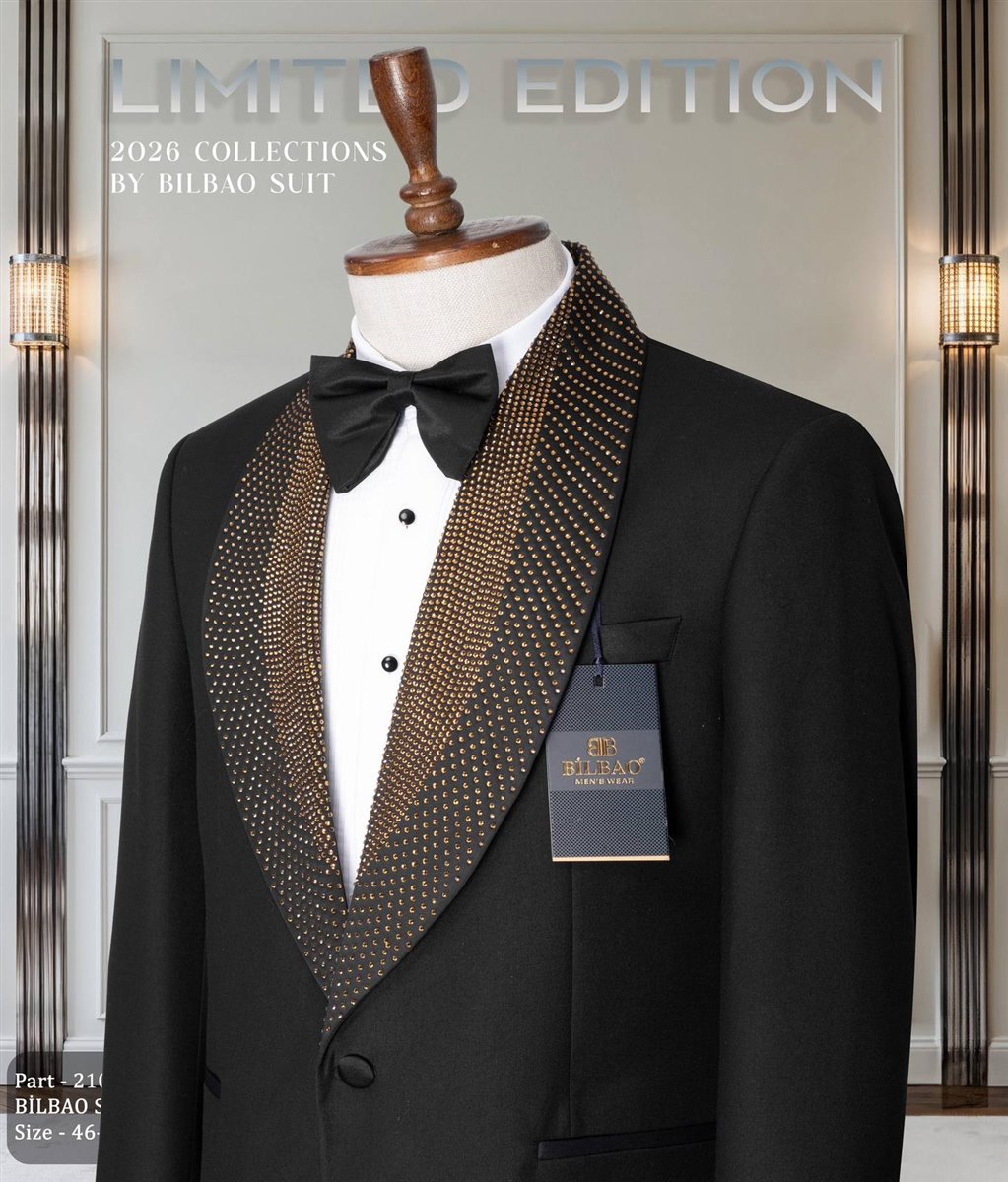 Wedding and Gala Look: gold crystal shawl-lapel tuxedo with bow tie
