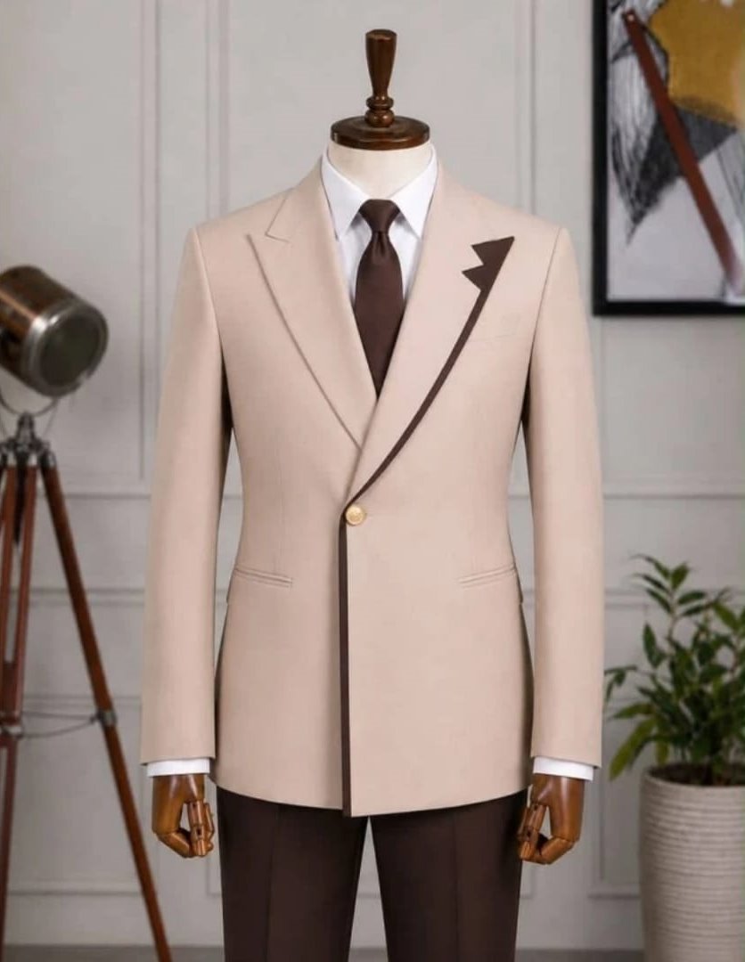 Champagne blazer with brown trousers