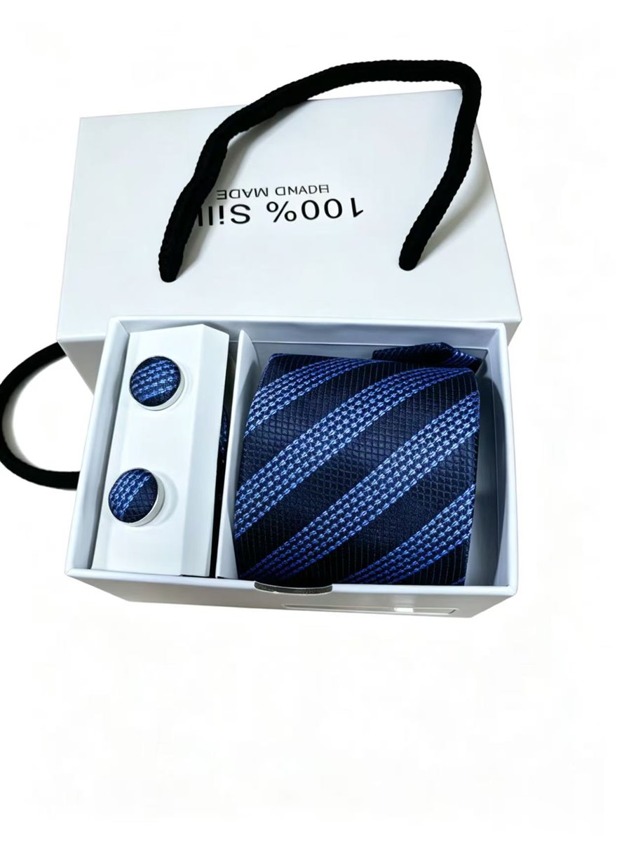 Royal Blue Stripe Tie Set with cufflinks in a gift box
