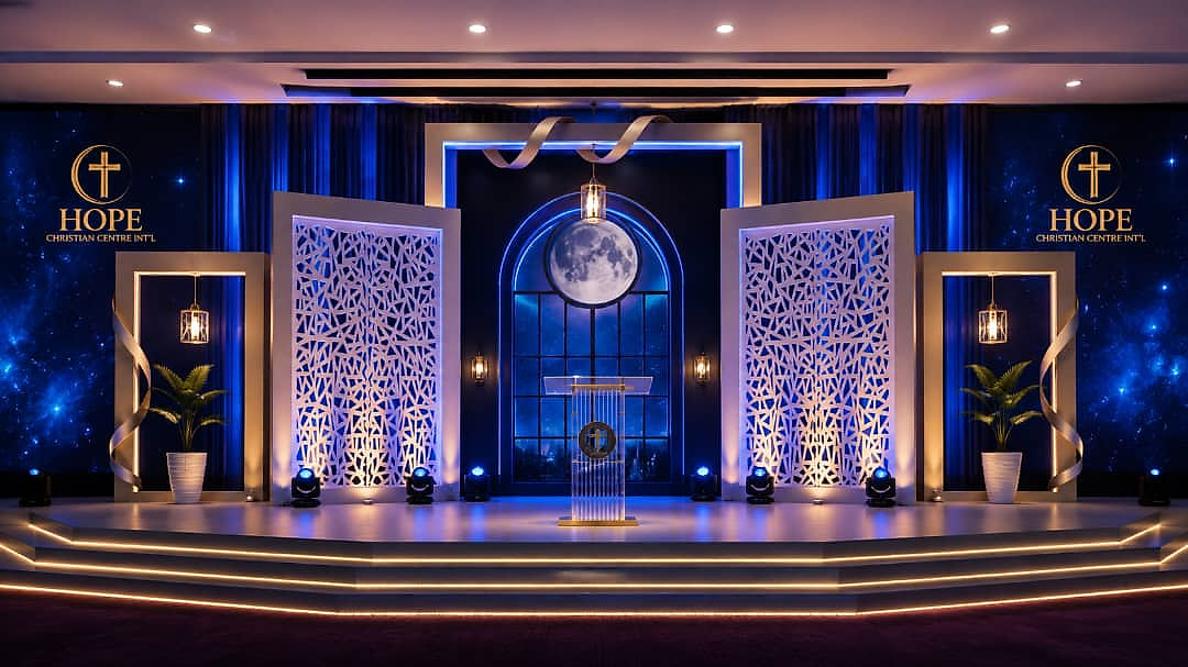 Moonlit arch stage design for Hope Christian Centre Int'l by Top-Notch Venue Concept