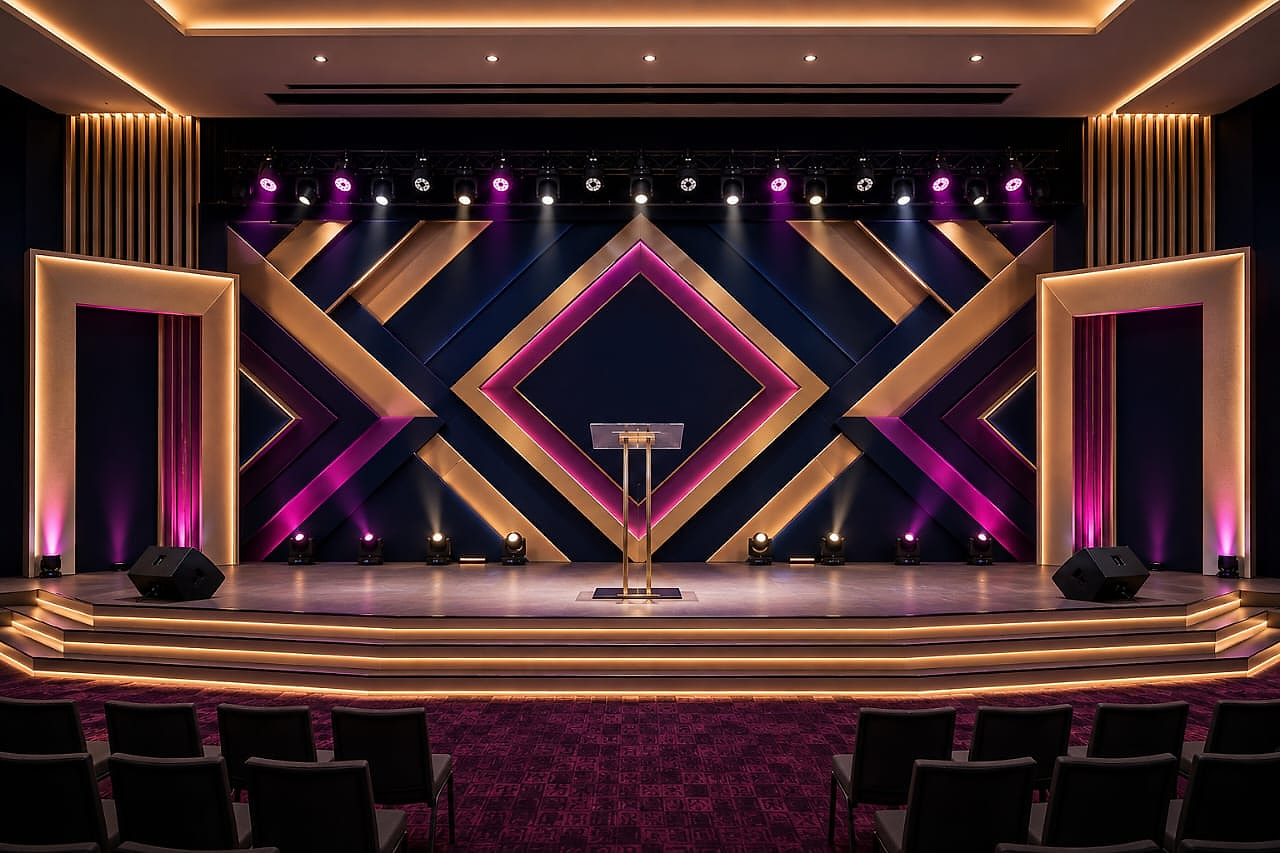 Navy, gold and magenta diamond stage by Top-Notch Venue Concept