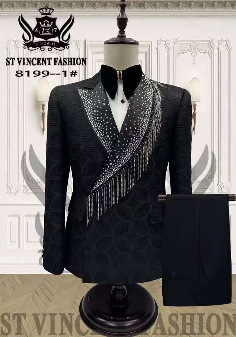 St Vincent Crystal-Fringe Tuxedo: black jacquard tuxedo with a crystal-studded fringe lapel