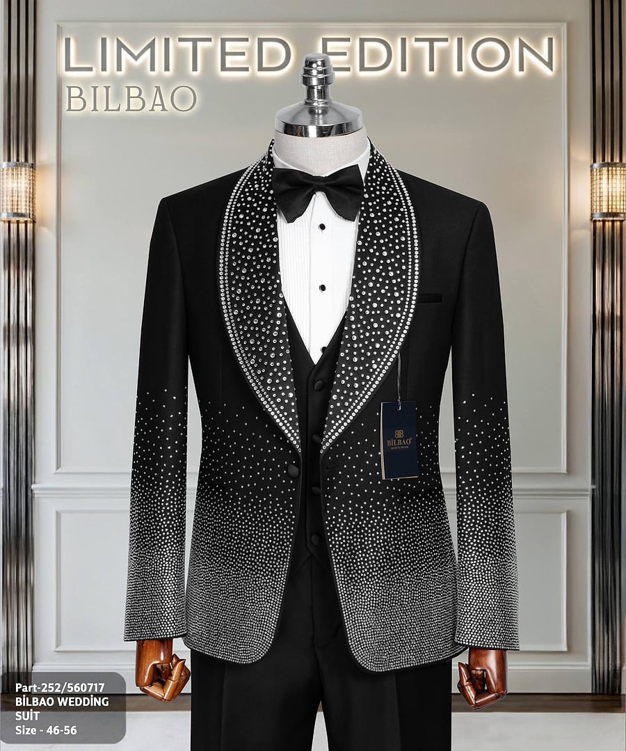 Bilbao Crystal Wedding Suit: limited-edition shawl-lapel three-piece covered in crystals