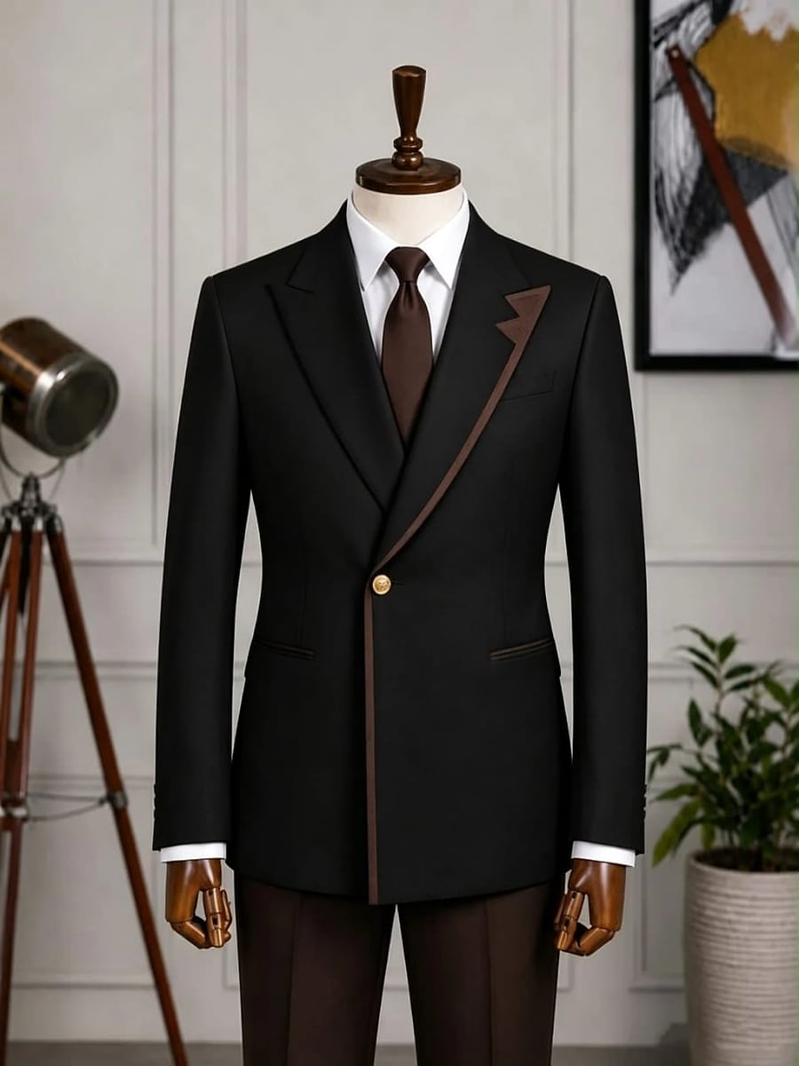 Black Double-Breasted Suit: peak lapel with brown contrast piping and a gold button